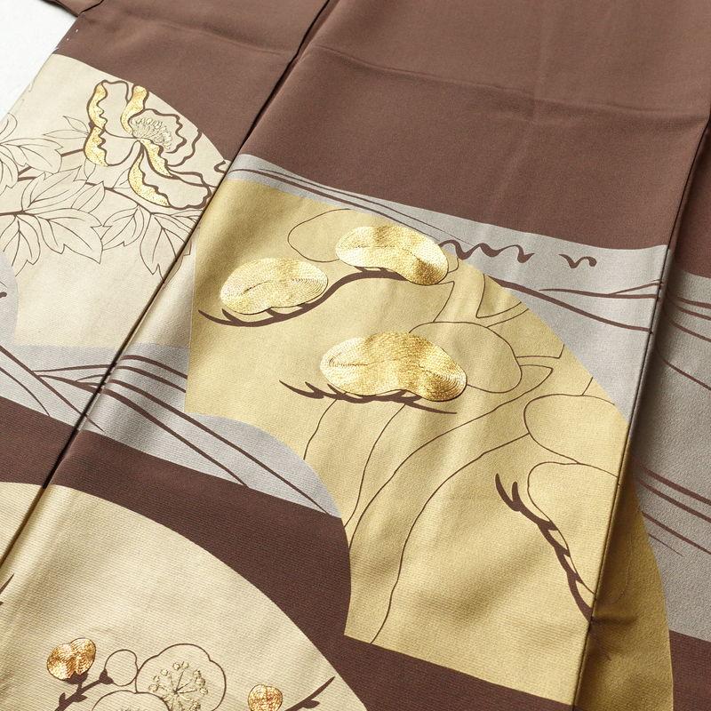 色留袖 着物 中古 正絹 袷 紋付 一つ紋 金駒刺繍 花の図 流水 波 枯草色 多色 金 身丈160cm 裄65.5cm M きもの北條 A1290-7 中古 色留袖 落款入り しつけ糸付き 金駒刺繍 一つ紋付き 正絹 人物