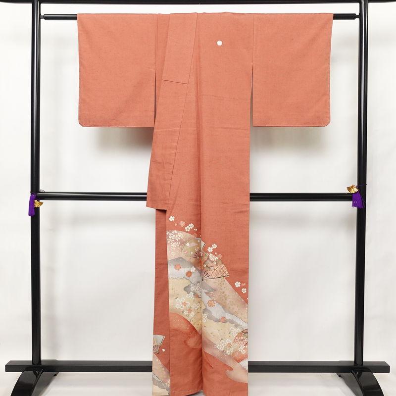 中古 色留袖 良品 紬地 五つ紋付き 正絹 古典柄 袷仕立て 身丈160.5cm 
