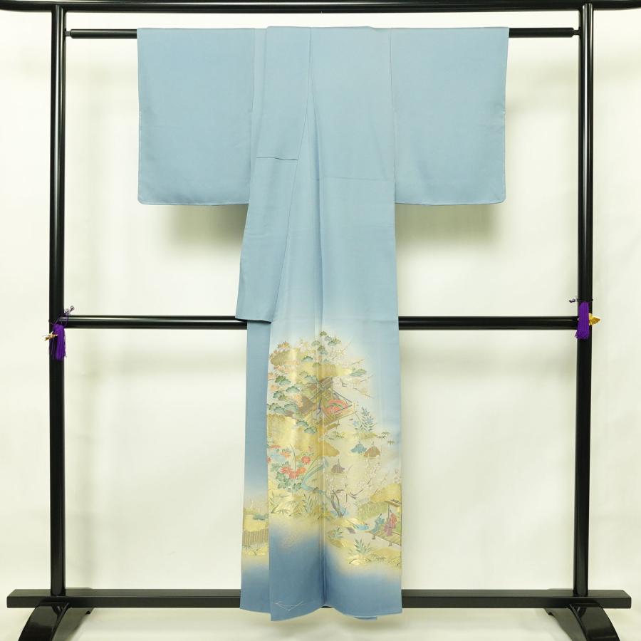 中古 色留袖 良品 源氏物語絵巻 一つ紋付き 正絹 風景柄 袷仕立て 身丈