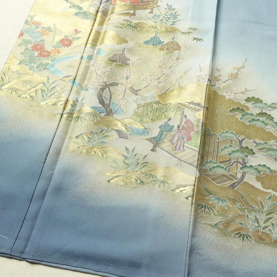 中古 色留袖 良品 源氏物語絵巻 一つ紋付き 正絹 風景柄 袷仕立て 身丈 