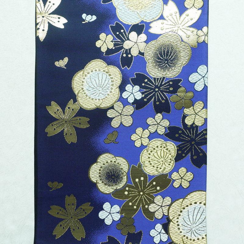 中古 袋帯 未仕立て品 六通柄 美品 証紙あり 振袖用 正絹 花柄 桜 青 