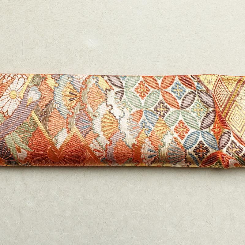 中古 洒落袋帯 正絹 草花 六通柄 レッド Bランク 429cm 5459 中古）袋帯 赤 カジュアル 六通 織り オリエンタル花草文 絹