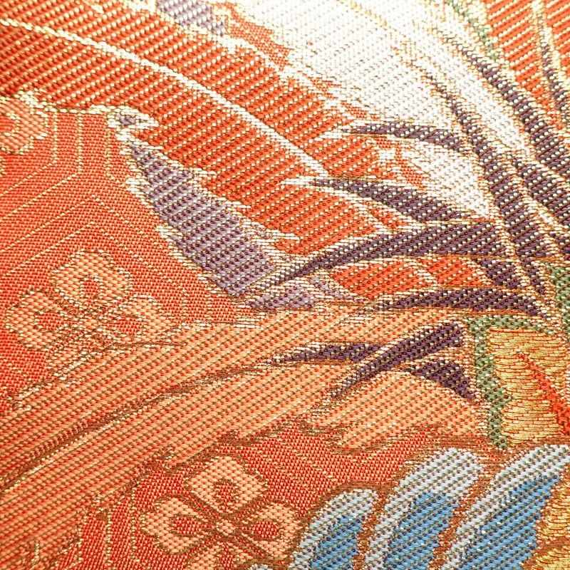 中古 洒落袋帯 正絹 草花 六通柄 レッド Bランク 429cm 5459 中古）袋帯 赤 カジュアル 六通 織り オリエンタル花草文 絹