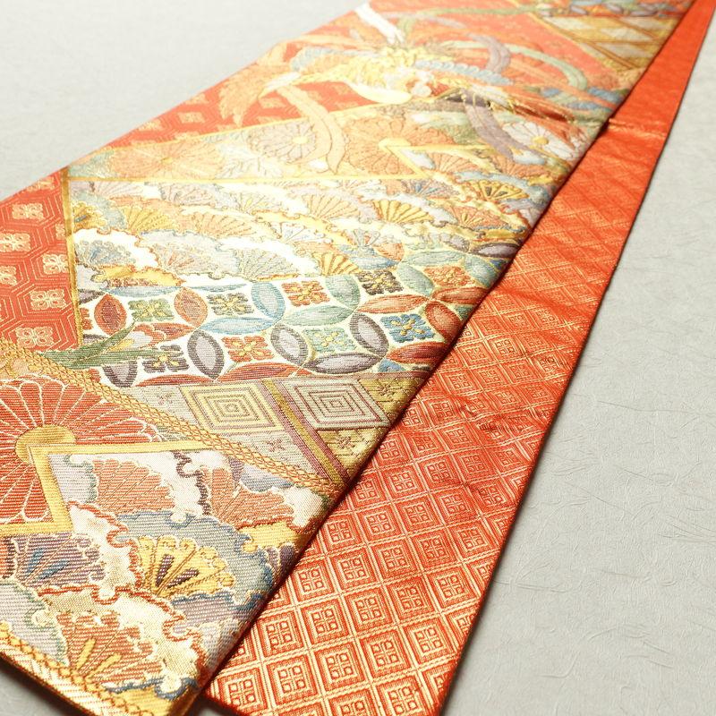 中古 洒落袋帯 正絹 草花 六通柄 レッド Bランク 429cm 5459 中古）袋帯 赤 カジュアル 六通 織り オリエンタル花草文 絹