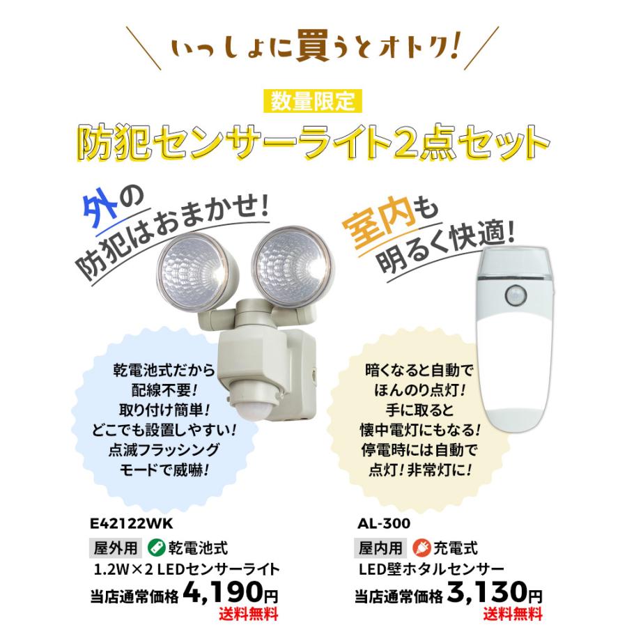 センサーライト2点セット ムサシ E42122WK AL-300 乾電池式 充電式