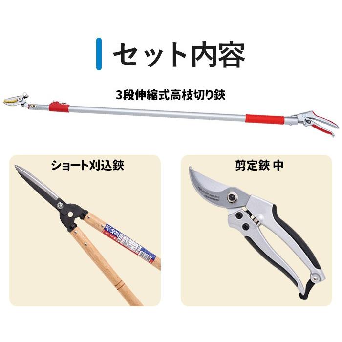ガーデニング用品 レディース園芸3点セット 3段伸縮式 高枝切りバサミ