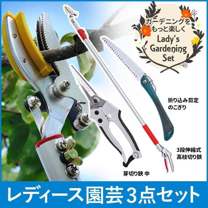ガーデニング用品 レディース園芸3点セット 3段伸縮式 高枝切りバサミ 