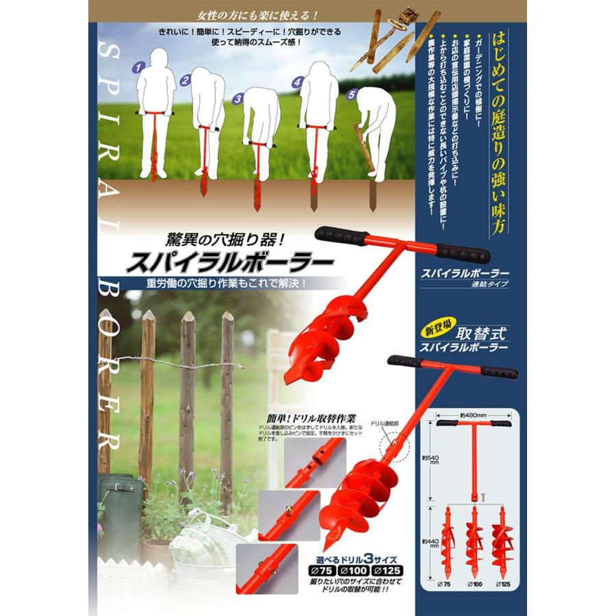 穴掘り器 スパイラルボーラー スタンダード 連結タイプ SB-075 穴掘り機 道具 穴掘り器具 縦穴 暗渠 暗渠排水 diy 園芸用 園芸 畑 農業 東亜インターシステム｜wakuishop-gardening｜06