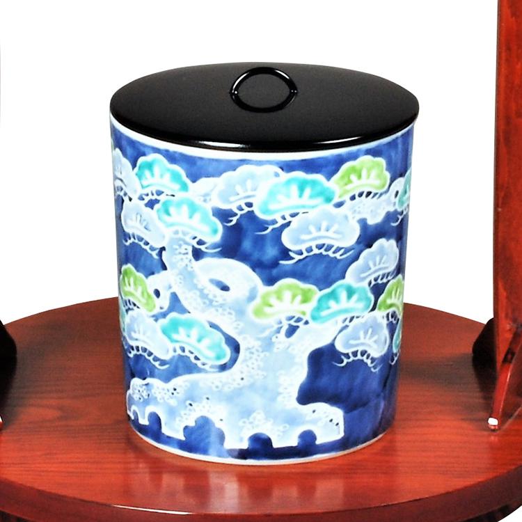 水指 色絵 松 林秀峰作 青地 松文様 茶道具 蓋付 上品華やか 炉風炉