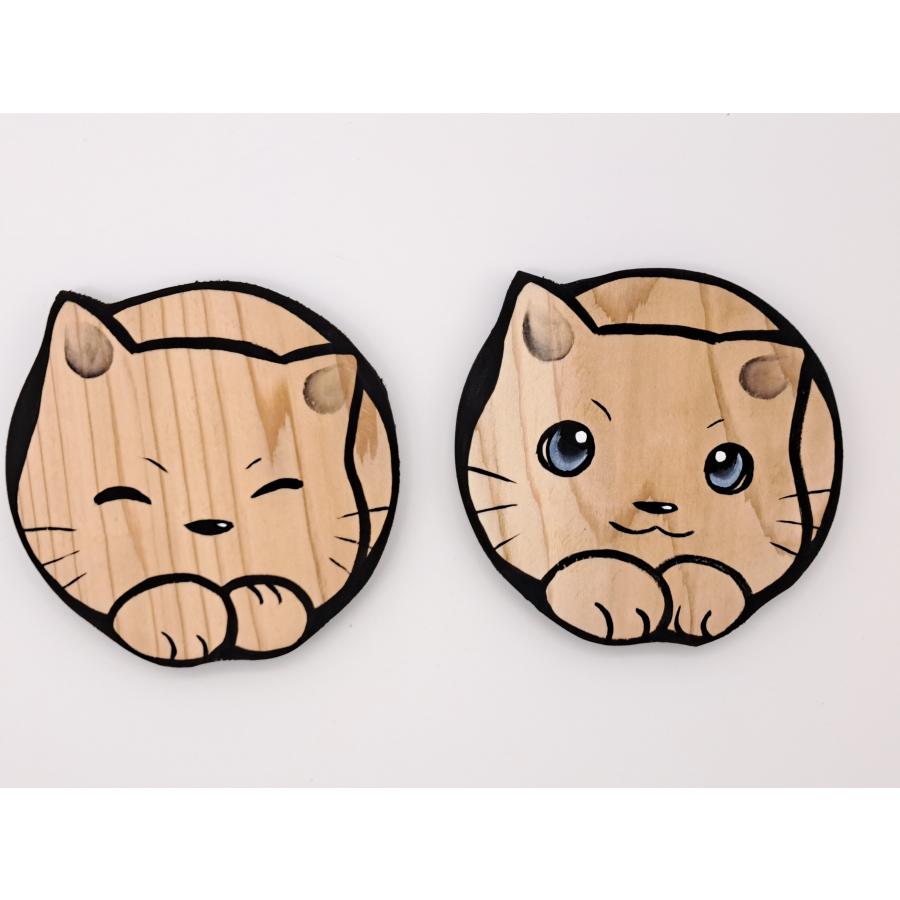 秋田杉で作った趣味のコースター　猫の顔　選べる目パッチリとニッコリ笑顔　ハンドメイド　手作り　こだわりの逸品 | 