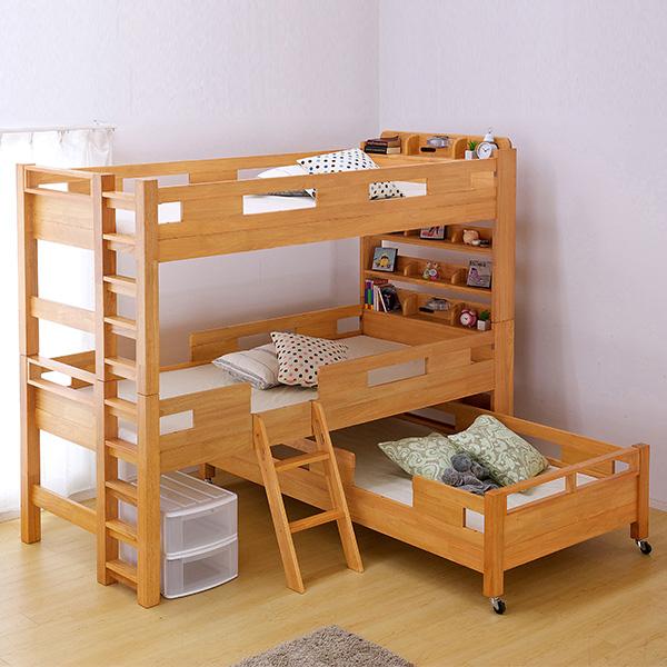業務用可 3段ベッド 三段ベッド 大人用 子供 おしゃれ 三段ベット キャスター付 Gsolid 宮付き キャスター付 親子ベッド ロング H196cm 3段ベット おしゃれ 梯子無 ライトブラウン