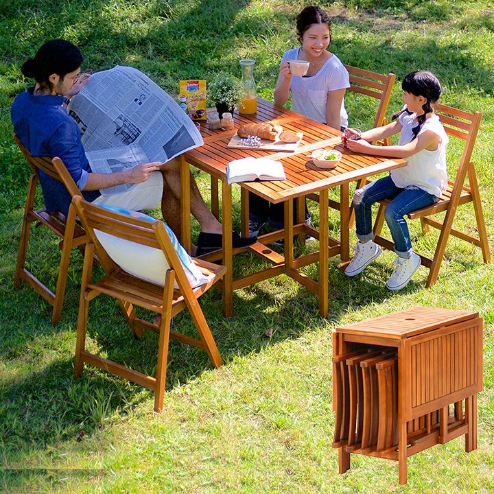 ガーデンファニチャー ガーデンテーブル ガーデンチェア 木製テーブル 木製チェア 折りたたみテーブル 折りたたみチェア 5点セット VFS-GT10FJ