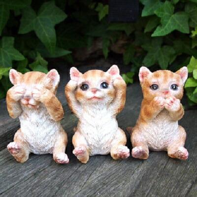 猫の置物 子猫の見ざる聞かざる言わざる3品セット 茶トラ