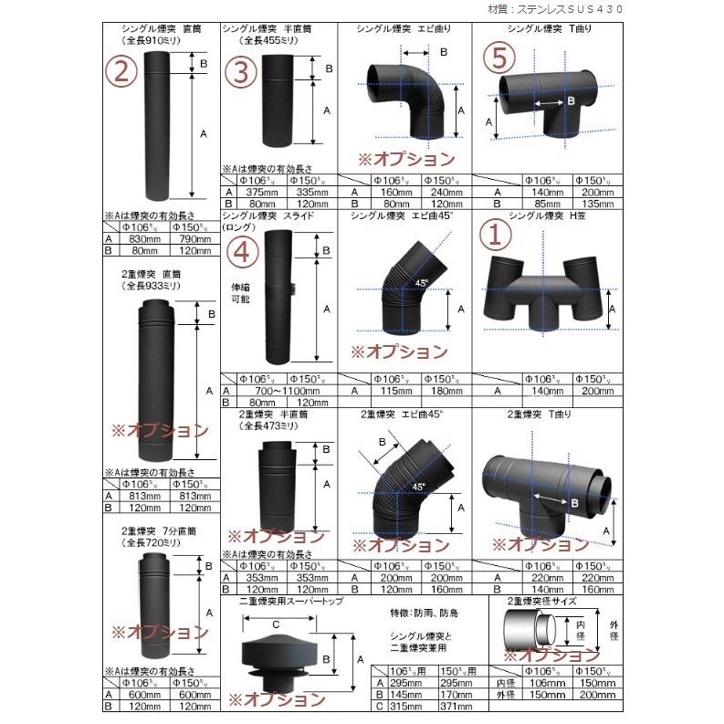 ホンマ製作所　黒耐熱　ステンレスハゼ折シングル煙突セットφ150mm