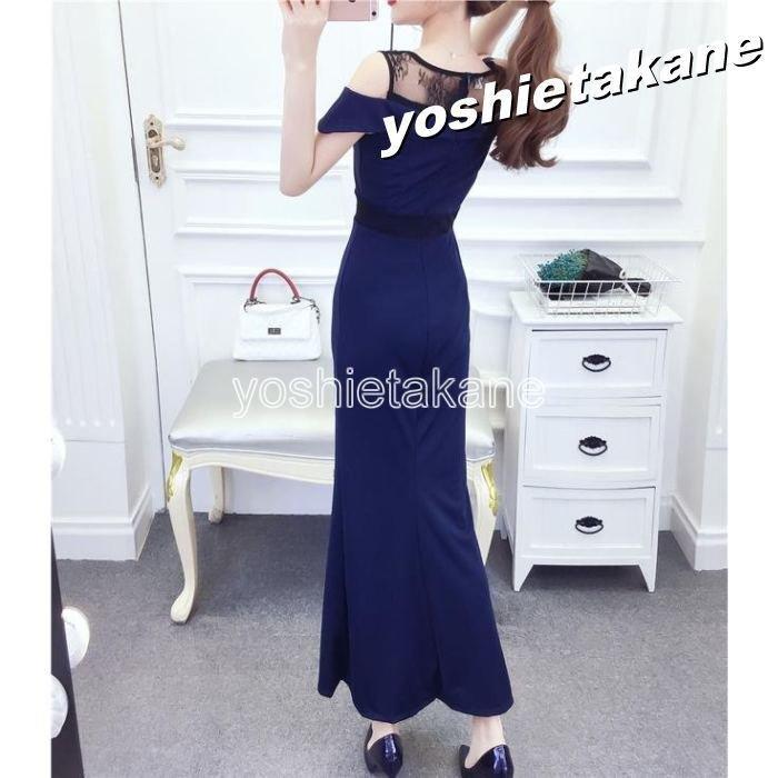 キャバ ドレス ロング シンプル 黒 青 赤 レース オフショル風 きれいめ 大きいサイズ Xl ロングドレス キャバ パーティードレス ロング ワンピース 無地 袖あり 超安い