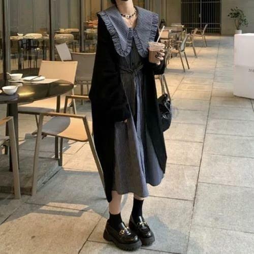 初売り ビッグ襟 ワンピース ビッグカラ ミモレ ロング丈 長袖 秋 春 Vネック ストライプ 参戦服 地雷系 原宿系 やみかわいい ゆめかわいい 韓国 お嬢様 量産型 半袖 Color ブラウン Mrmarket Am
