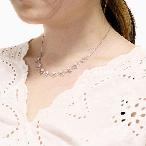K18 あこやパールネックレス カットボール付き 18金ホワイトゴールドネックレス K18カットボールチェーン アコヤ真珠