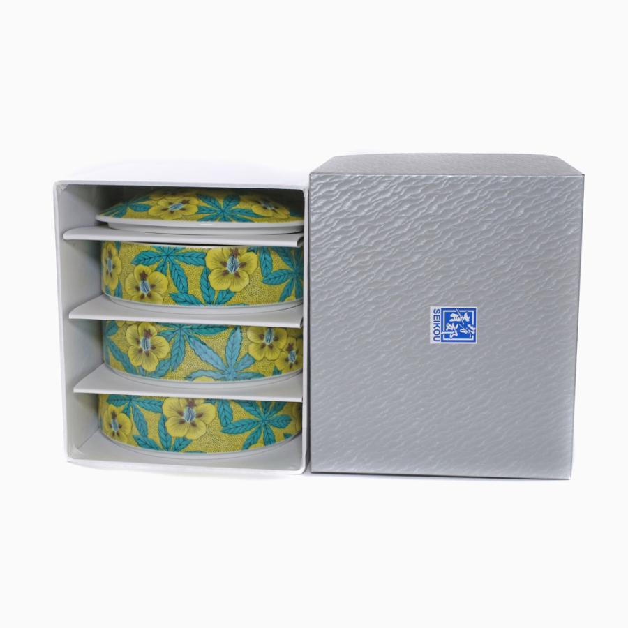 三段重箱 九谷焼 北陸伝統工芸 葵 アオイ 黄色 イエロー 色絵 小物入れ