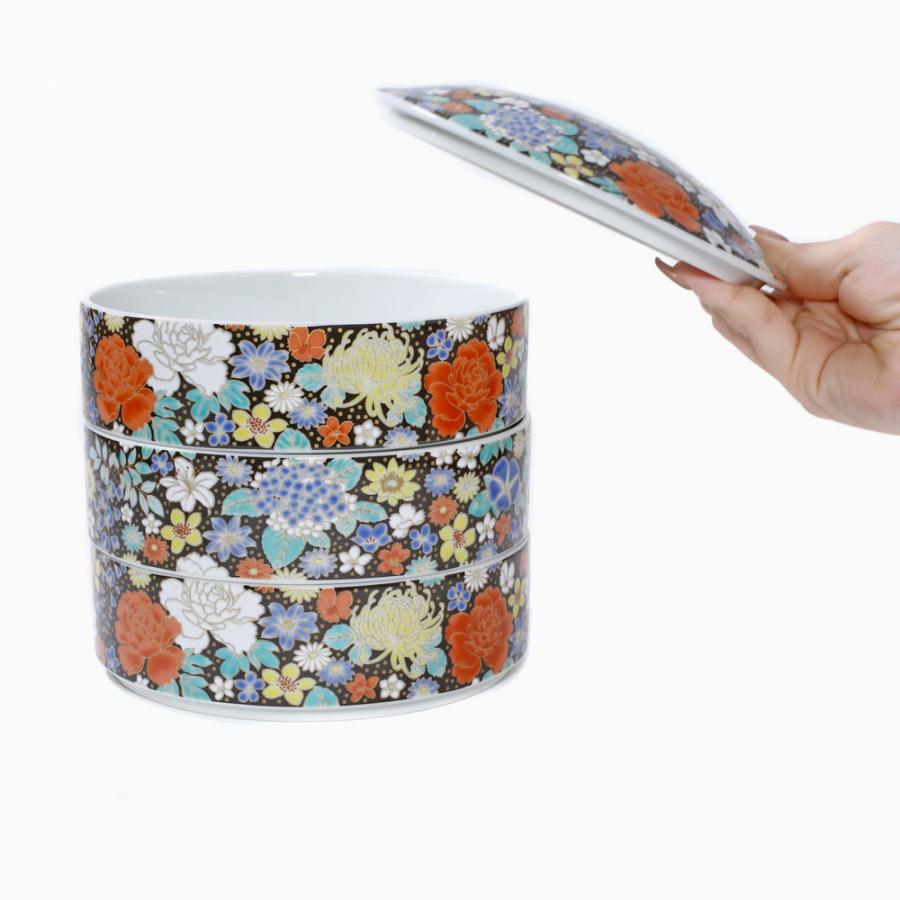 三段重箱 九谷焼 北陸伝統工芸 花詰 黒 ブラック 色絵 小物入れ 記念日