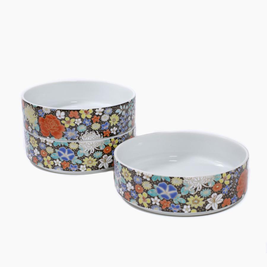 三段重箱 九谷焼 北陸伝統工芸 花詰 黒 ブラック 色絵 小物入れ 記念日