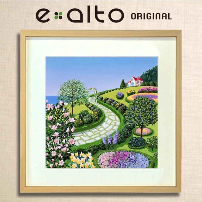 壁掛けアート アートパネル 風景画/イラストレーター 高橋宣孝/「風景画　赤い家とお花の庭に石畳」りんどう　水仙　紫　ピンク　黄色　花　石　道