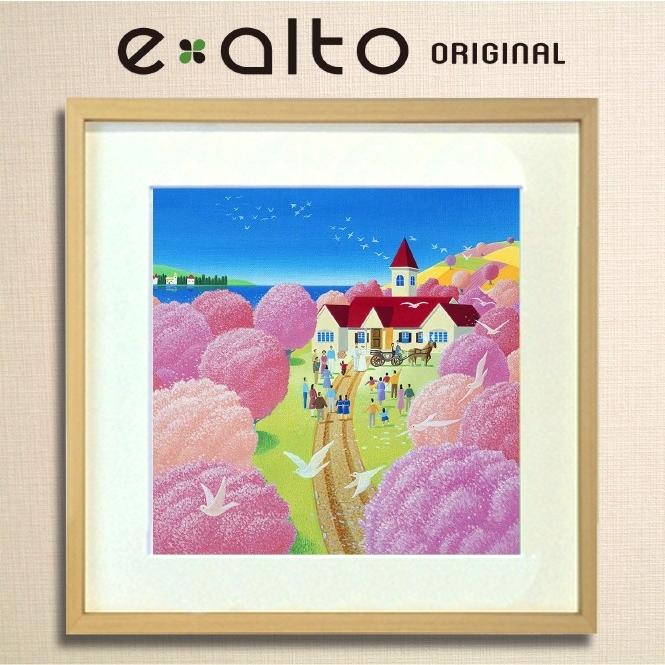 壁掛けアート アートパネル 風景画/イラストレーター 高橋宣孝/「風景イラスト　桜に囲まれ赤い屋根の教会での結婚式」春　４月　鳩　挙式