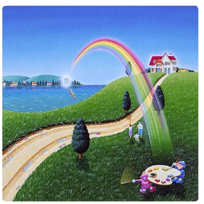 壁掛けアート アートパネル 風景画 イラストレーター 高橋宣孝 風景画イラスト 虹 赤い屋根の家 小人 妖精 パレット 絵の具 丘 海 青空 Taka35 S1 Wall Art 通販 Yahoo ショッピング