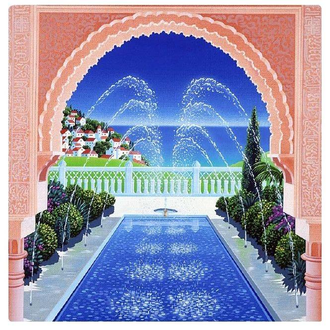 夏の風景画-噴水 アートパネル】壁掛け ファブリックパネル 絵画