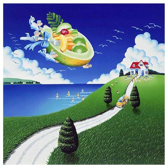 【夏の風景画-海-フルーツ　アートパネル】壁掛け　ファブリックパネル　絵画_1