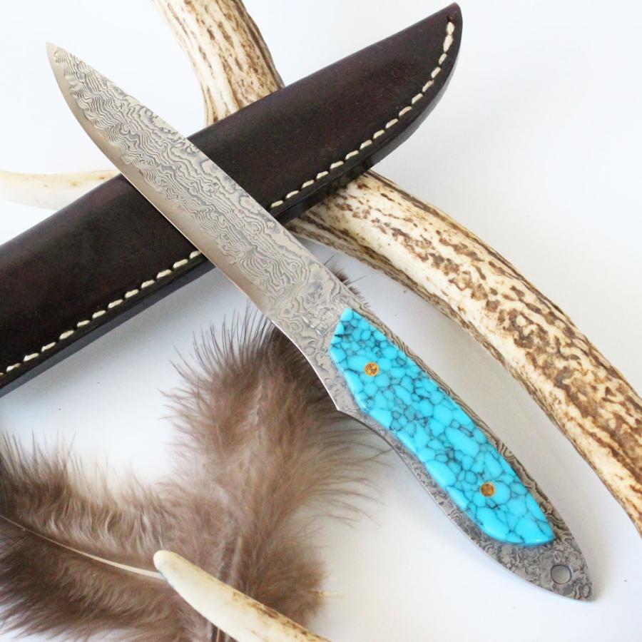 全鋼 フィッシングナイフ カスタムナイフ フィッシングナイフ 粉末ハイスr2 裕翠工房 ダマスカス ターコイズ Yk 190
