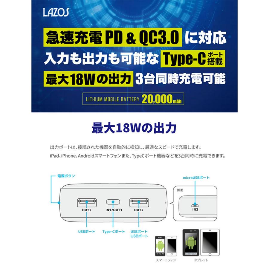 モバイルバッテリー 20000mah PSE認証 大容量 iPhone Type-C micro-USB