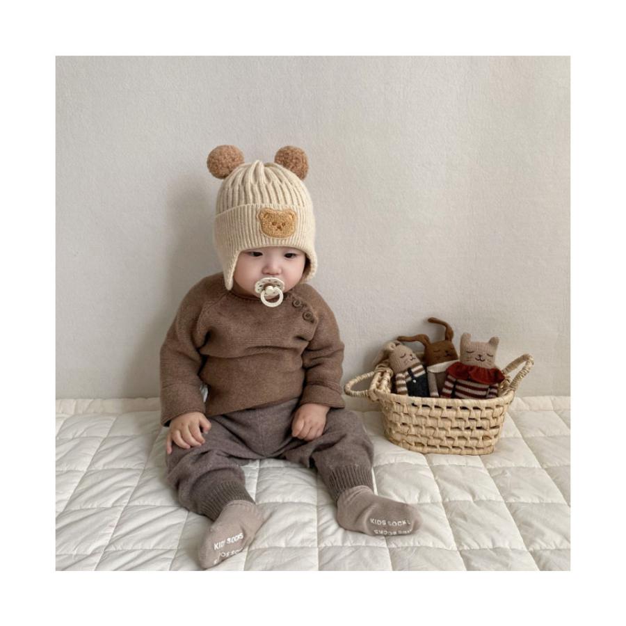 ファーボン付きニット帽 ベージュ ポンポンファー付 地柄ニット帽