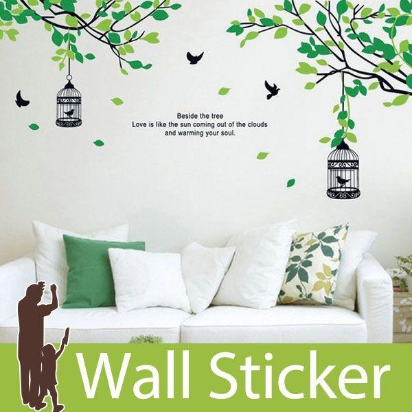 ウォールステッカー 壁 木 みどり木と鳥かご 貼ってはがせる のりつき 壁紙シール ウォールシール 植物 木 花 宅C｜wallstickershop