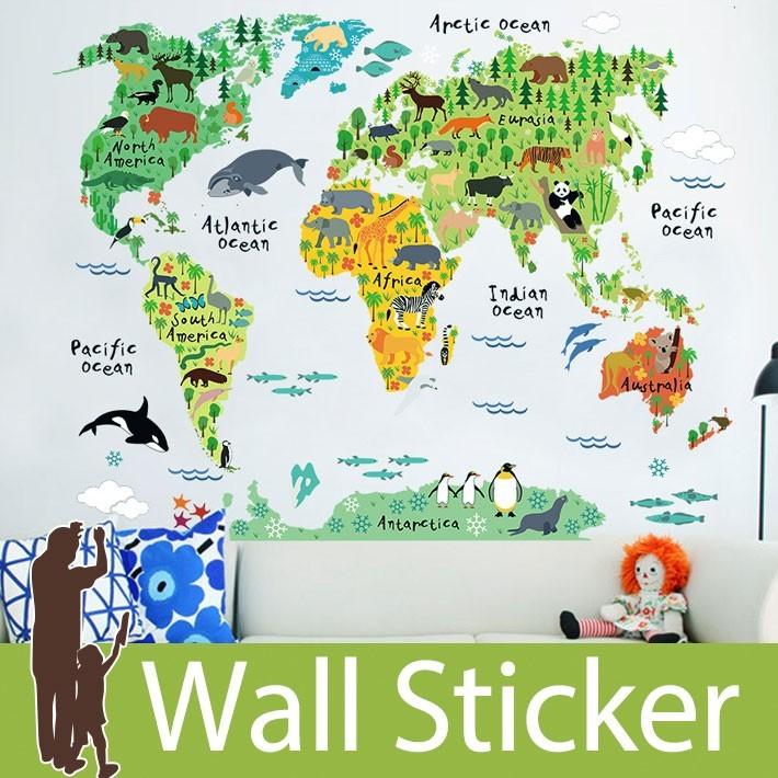 ウォールステッカー 壁 世界地図 動物の世界地図 貼ってはがせる のりつき 壁紙シール ウォールシール ウォールステッカー本舗 宅C