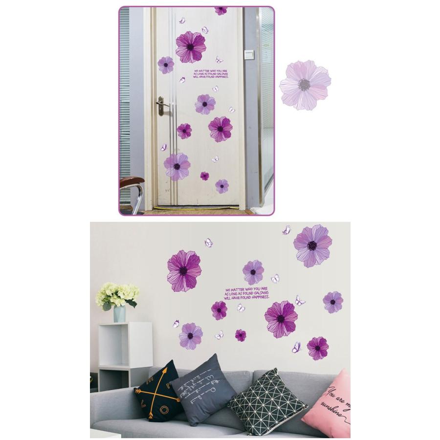 ウォールステッカー 花 フラワー 蝶 パープル 大輪の花 貼ってはがせる ステッカー 紫の花と蝶 華やか キレイ リビング キッチン 大人