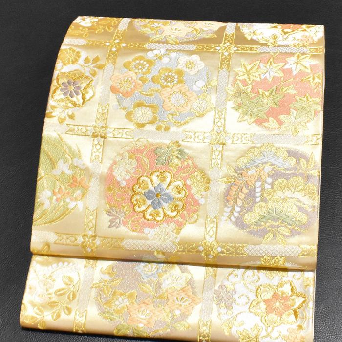 高級袋帯 正絹 西陣織 京都西陣織：藤原織物謹製」 唐織の名門 金色系