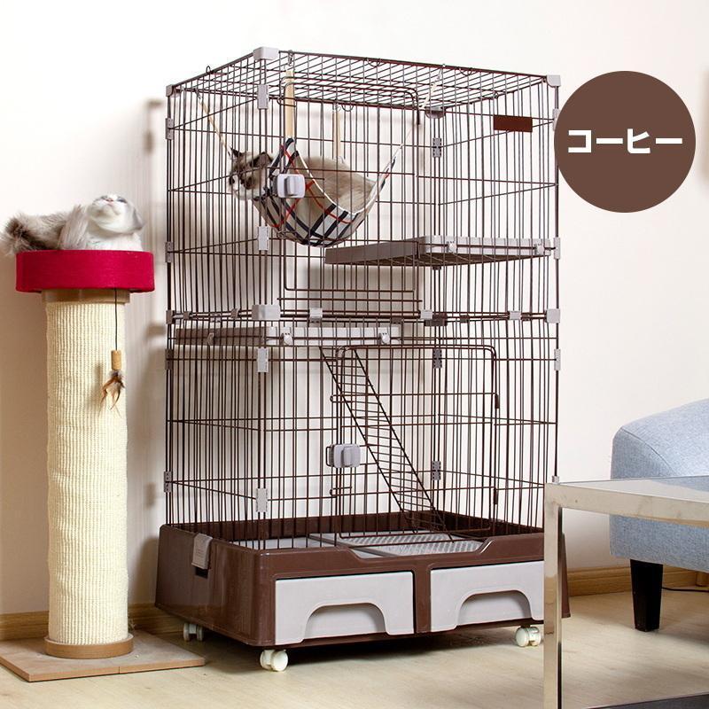 新品　キャットケージ　2段　トイレ付き　猫用品　多機能　コーヒー 猫 ケージ キャットケージ 2段 猫トイレ付 キャスター付 ハンモック付
