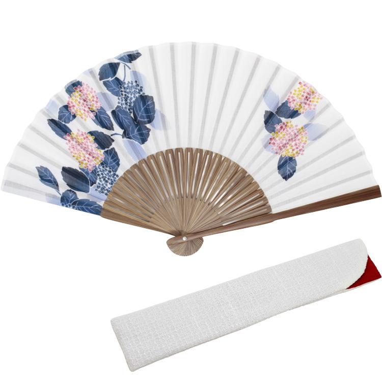 7枚セット　収納袋付き　青色の扇子柄大きめ座布団 扇子 袋セット レディース 山二 03 布 せんす 紫陽花（あじさい） 京
