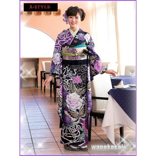 【美品】紫と黒の蝶模様の振袖＆帯のセット A-Style 洗える振袖□A-STYLE 絵羽柄□紫・黒系/薔薇・蝶柄【O-3