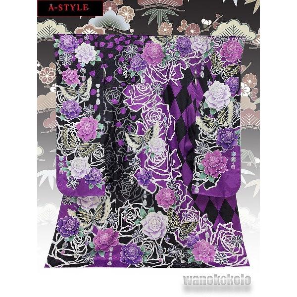 A-Style 洗える振袖□A-STYLE 絵羽柄□紫・黒系/薔薇・蝶柄【O-3