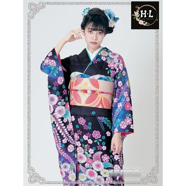 洗える振袖フルセット□H・L（アッシュ・エル)絵羽柄 □黒紫系/辻が花  