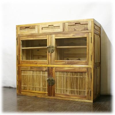 バンブー引出し+観音扉 キャビネット W100 D40 H90)アジアン家具 
