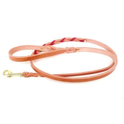 レザー 本革リード 手元編 ナチュラルに赤編込み12mm-120 金色金具 小型犬用 AM0