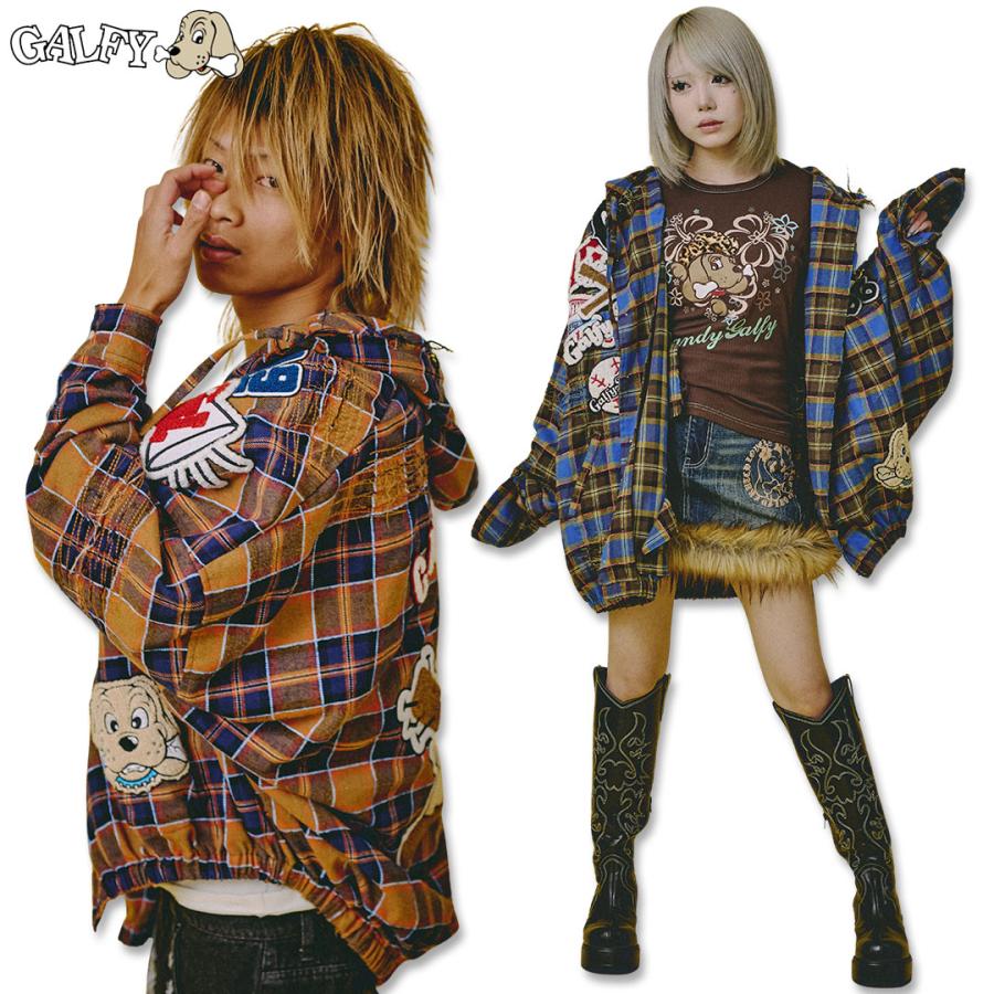 ワッペンだらけチェックパーカー GALFY 153075 ガルフィー ゆったりめ オーバーサイズ ユニセックス GALFY（ガルフィー） ワッペンだらけ チェック パーカー 153075 BLUE