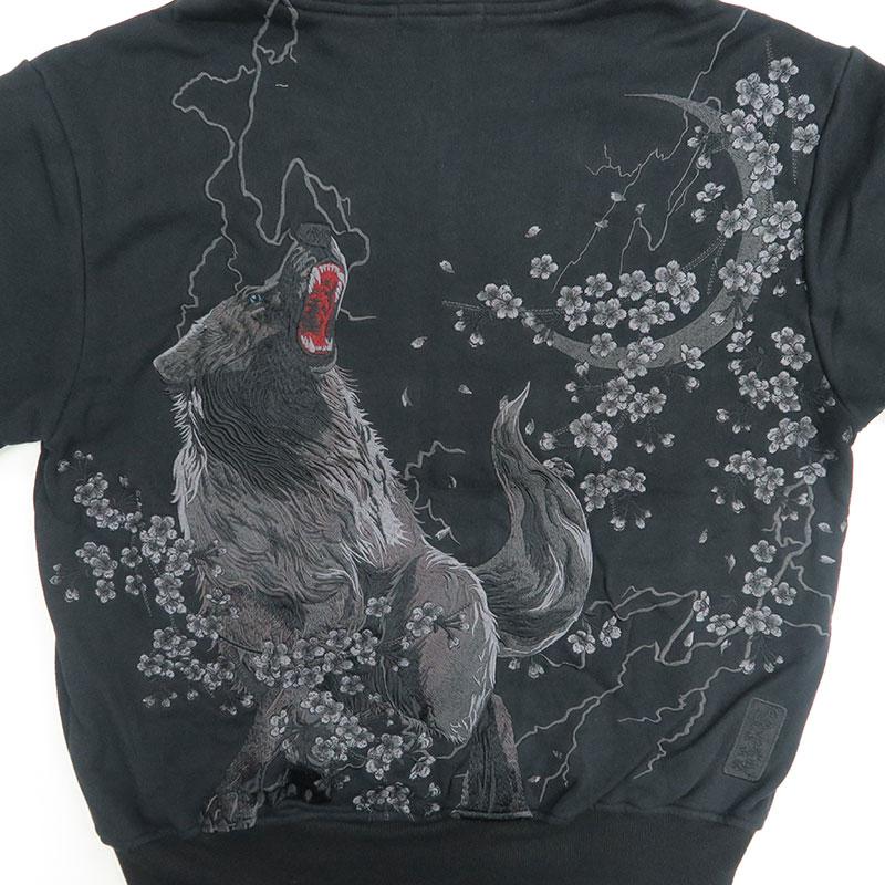 絡繰魂 URUSHI 漆黒 狼 刺しゅう ジップアップ パーカー L XL XXL