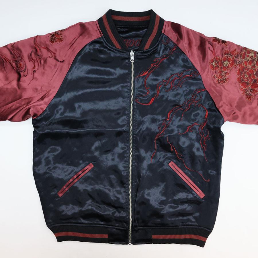 赤青　美品　絡繰魂　風神雷神　刺繍入りスカジャン 黒と紫　XL 絡繰魂 粋 KARAKURI TAMASHII 猫又 雷神 リバーシブル スカジャン M L