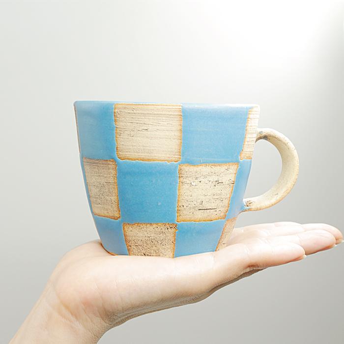 マグカップ 青 市松模様 コーヒーカップ コップ バイカラー ツートーン
