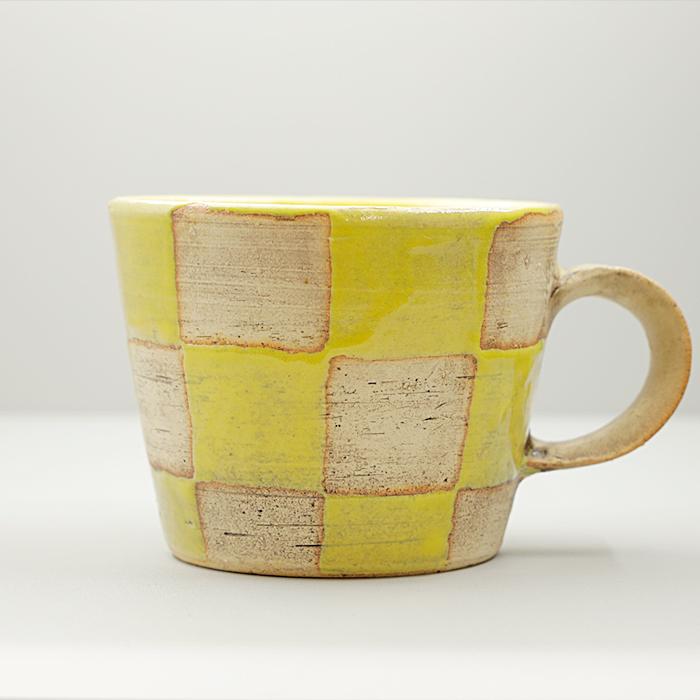 マグカップ 黄 市松模様 コーヒーカップ コップ バイカラー ツートーン