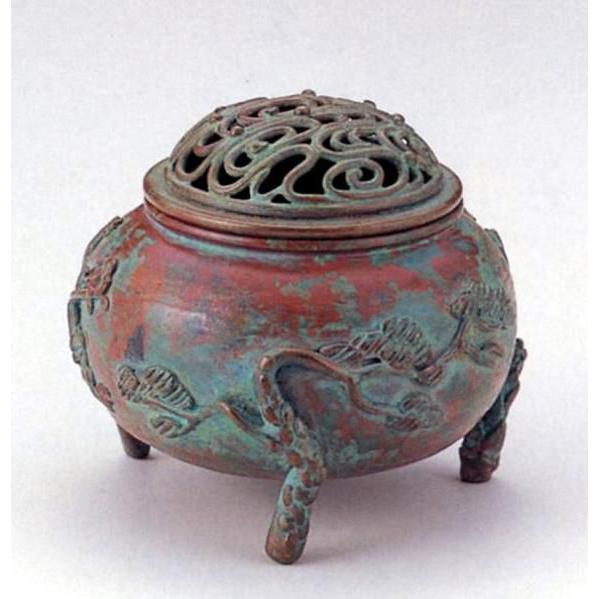 M●希少　高岡銅器　須賀月芳作　銅製香合　香炉　香立て　三友文 香炉 香立て｜ 玉型 三友文 ｜須賀月芳作 蝋型青銅（ブロンズ）製 桐箱