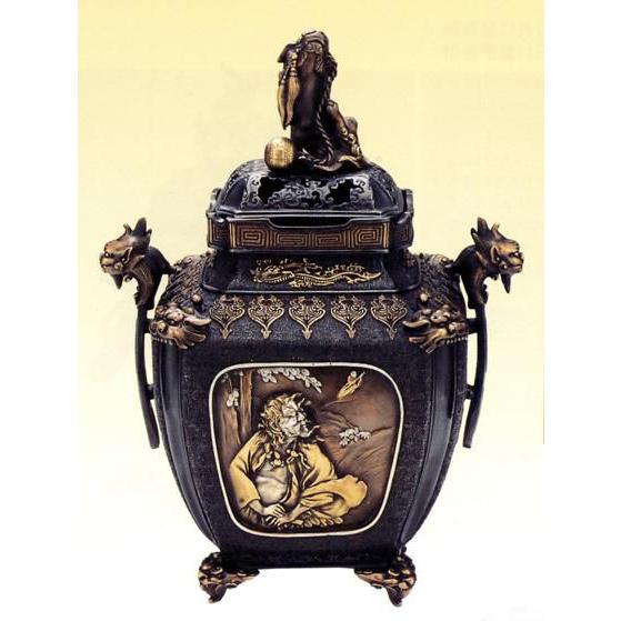 高岡銅器　鳳寿獅子蓋香炉 高岡銅器 鳳寿獅子蓋香炉 香炉/香器『高岡銅器【鳳寿獅子蓋香炉/古手色